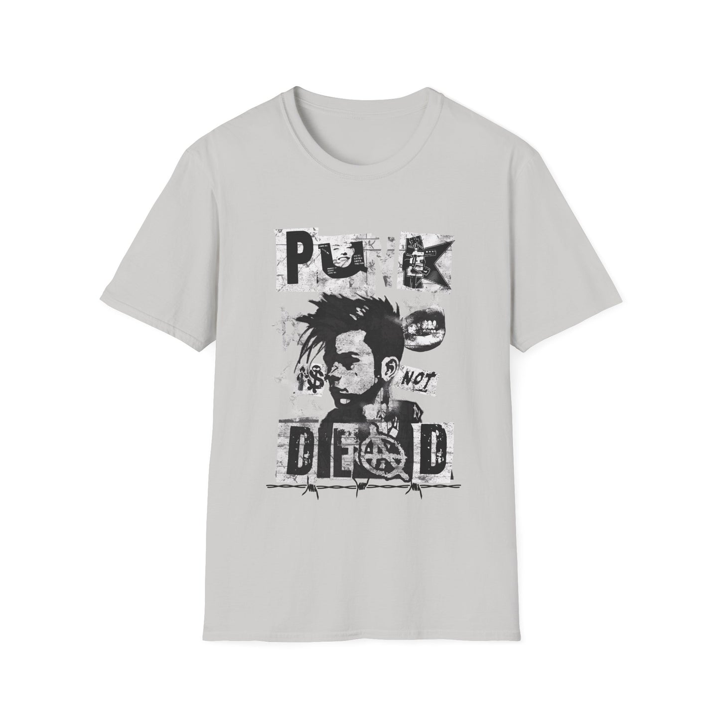 An ice grey streetwear t-shirt featuring a bold black ink collage graphic. The design includes a cropped portrait of a person with a mohawk, an anarchy symbol, jagged stars, and barbed wire accents. The phrase 'PUNK IS NOT DEAD' is spelled out in large, spiky, distressed block lettering across the design.