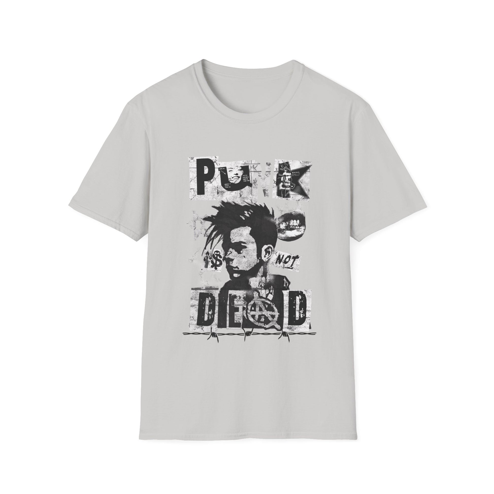An ice grey streetwear t-shirt featuring a bold black ink collage graphic. The design includes a cropped portrait of a person with a mohawk, an anarchy symbol, jagged stars, and barbed wire accents. The phrase 'PUNK IS NOT DEAD' is spelled out in large, spiky, distressed block lettering across the design.