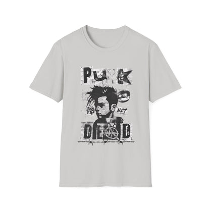 An ice grey streetwear t-shirt featuring a bold black ink collage graphic. The design includes a cropped portrait of a person with a mohawk, an anarchy symbol, jagged stars, and barbed wire accents. The phrase 'PUNK IS NOT DEAD' is spelled out in large, spiky, distressed block lettering across the design.