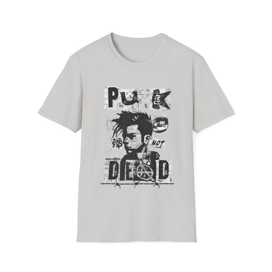 An ice grey streetwear t-shirt featuring a bold black ink collage graphic. The design includes a cropped portrait of a person with a mohawk, an anarchy symbol, jagged stars, and barbed wire accents. The phrase 'PUNK IS NOT DEAD' is spelled out in large, spiky, distressed block lettering across the design.