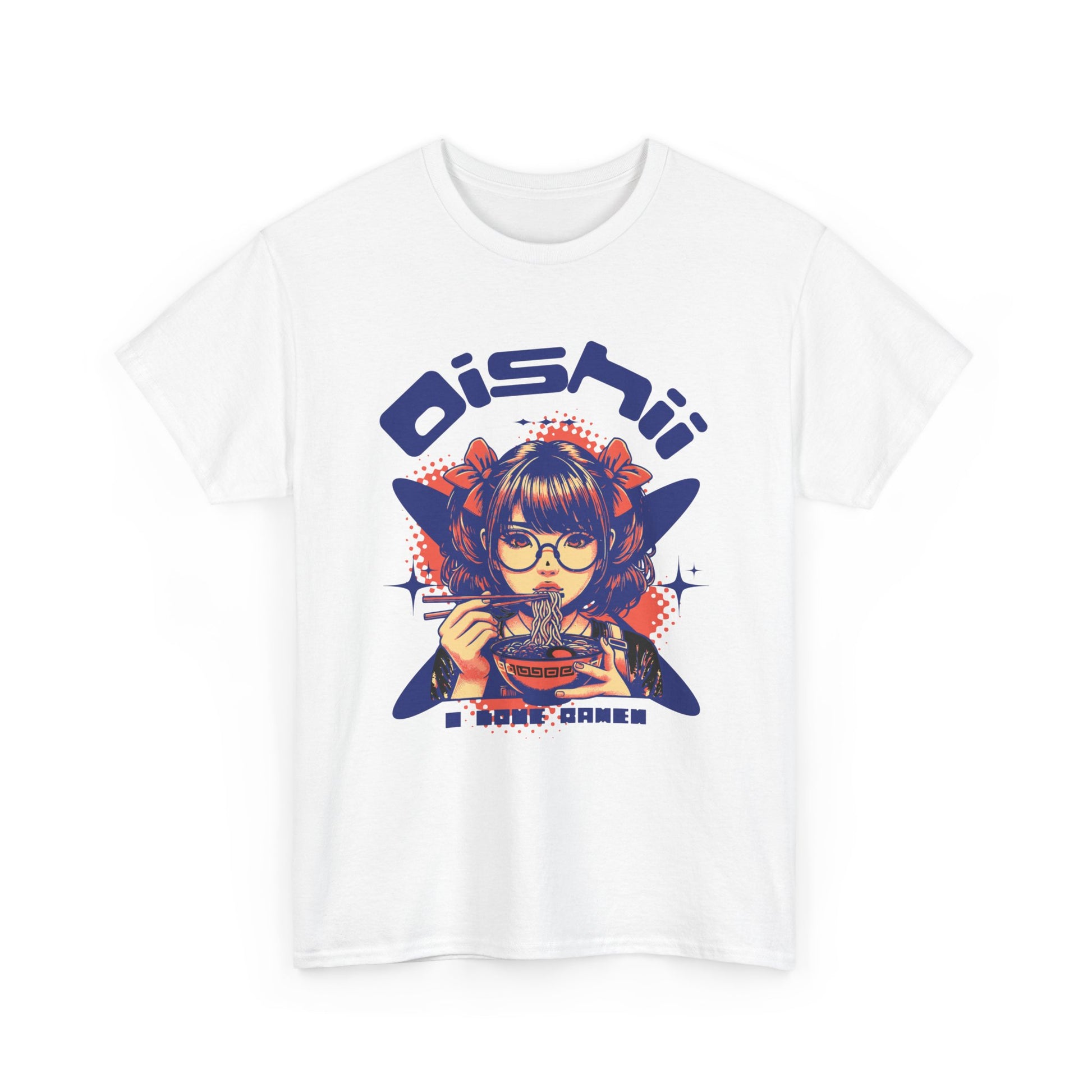 Kawaii Ramen Noodle Graphic Tee, Harajuku style streetwear shirt with anime girl foodie design and Oishii (Delicious) text, white cotton t-shirt.