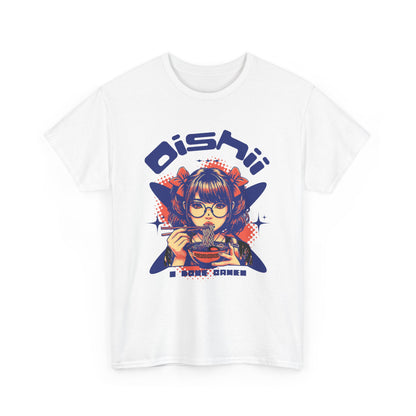 Kawaii Ramen Noodle Graphic Tee, Harajuku style streetwear shirt with anime girl foodie design and Oishii (Delicious) text, white cotton t-shirt.