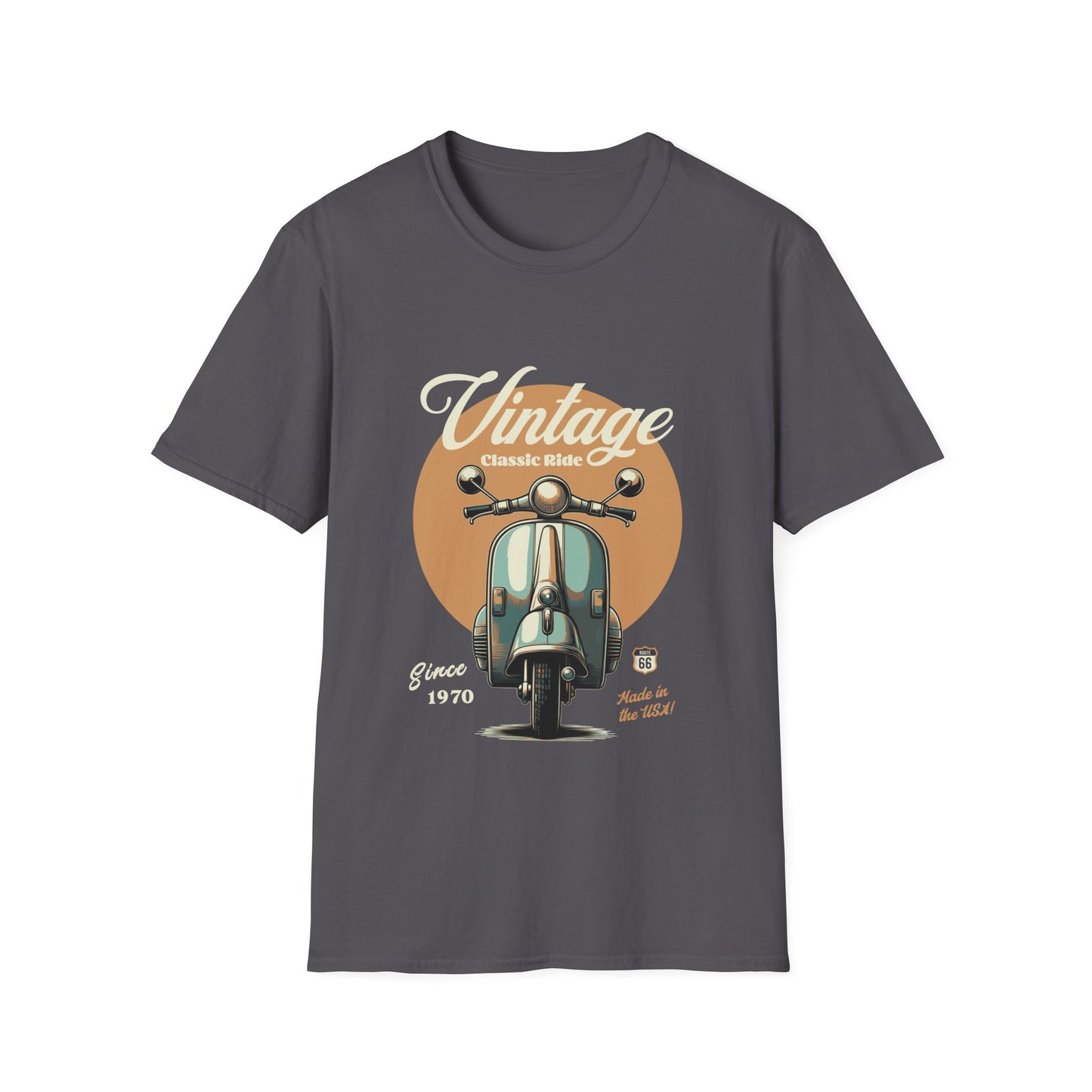 Gray t-shirt with vintage scooter graphic and text on a white background