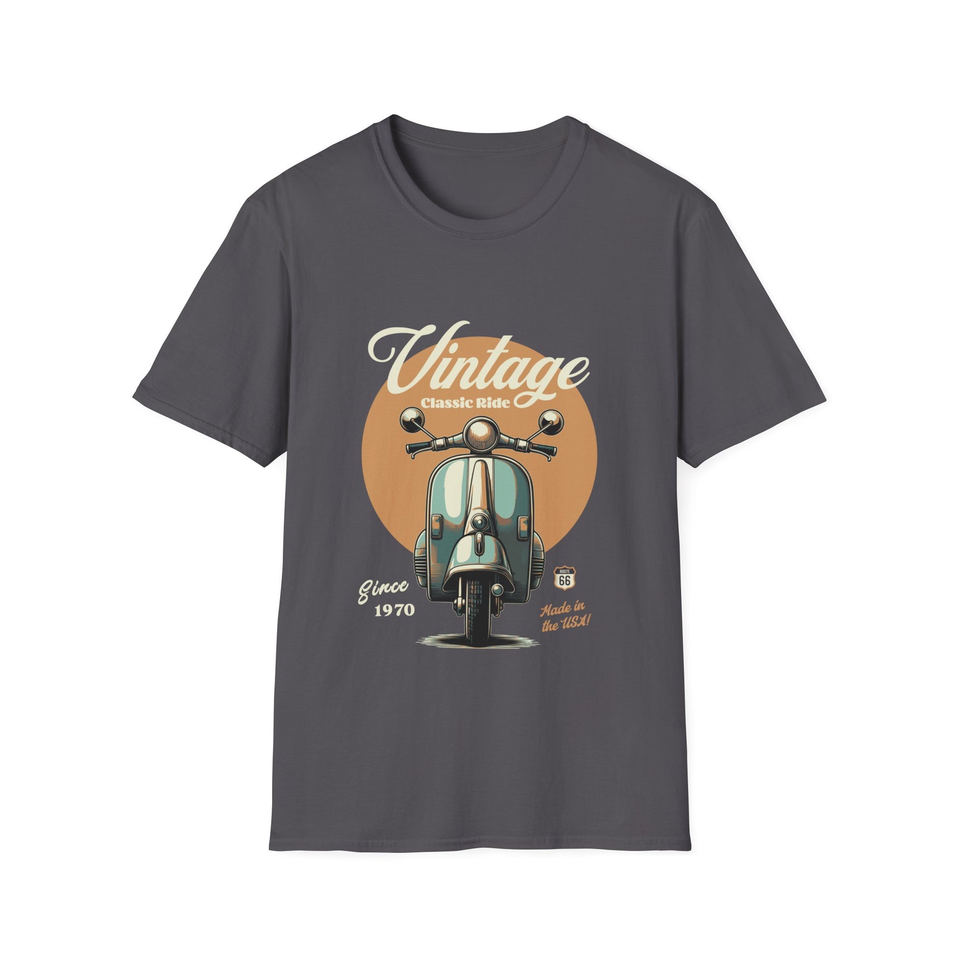 Gray t-shirt with vintage scooter graphic and text on a white background