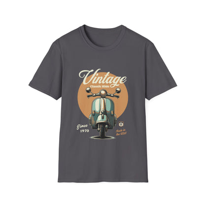 Gray t-shirt with vintage scooter graphic and text on a white background