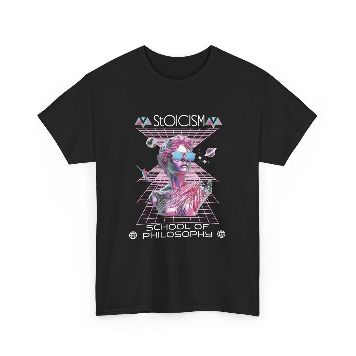 Black t-shirt with a graphic design featuring a pink metallic bust in a futuristic, celestial scene  with the text 'Stoicism School of Philosophy' .