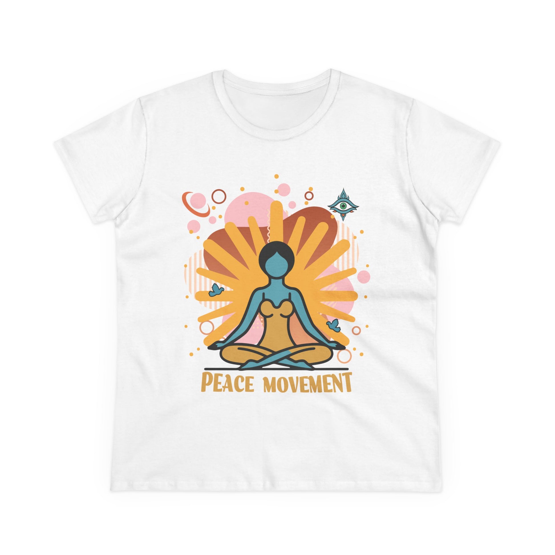 A white Ladies t-shirt with a yoga graphic and text 'Peace Movement'.