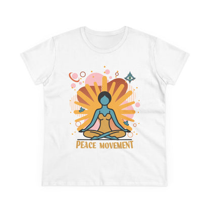 A white Ladies t-shirt with a yoga graphic and text 'Peace Movement'.
