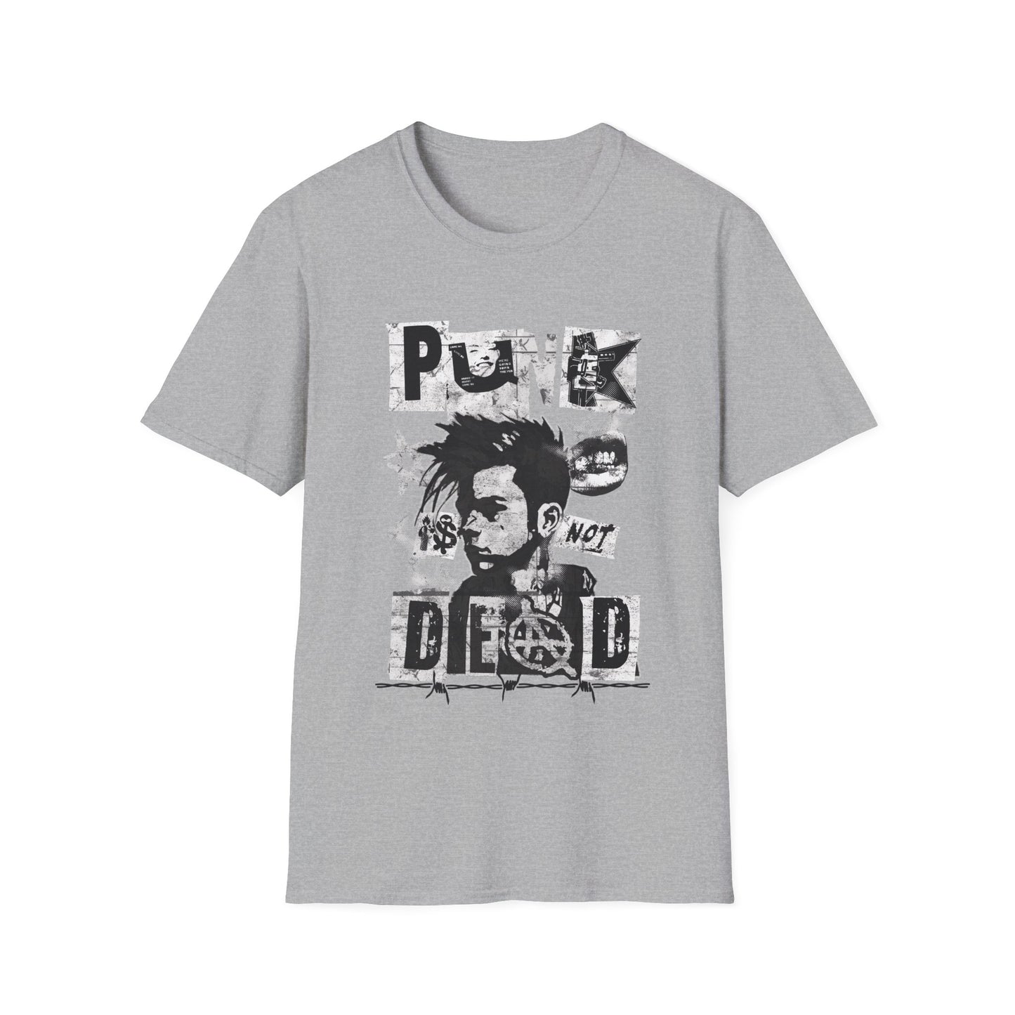 A sport grey streetwear t-shirt featuring a bold black ink collage graphic. The design includes a cropped portrait of a person with a mohawk, an anarchy symbol, jagged stars, and barbed wire accents. The phrase 'PUNK IS NOT DEAD' is spelled out in large, spiky, distressed block lettering across the design.