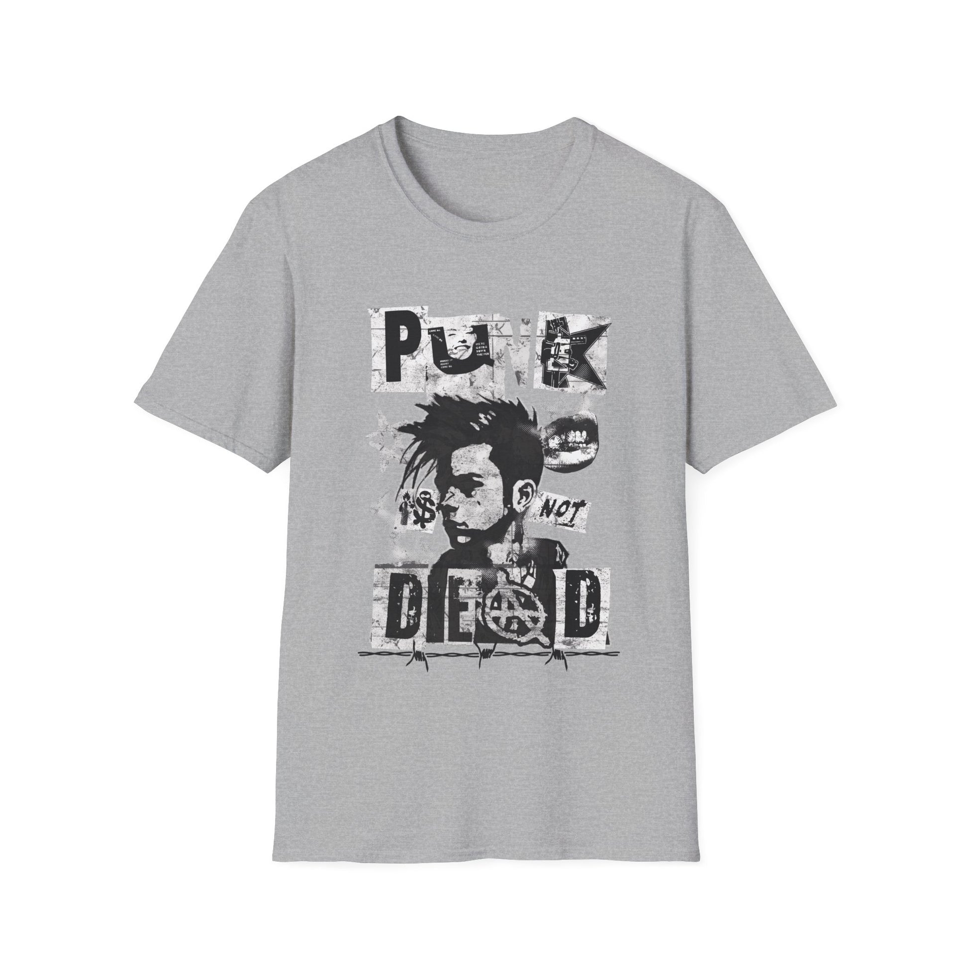 A sport grey streetwear t-shirt featuring a bold black ink collage graphic. The design includes a cropped portrait of a person with a mohawk, an anarchy symbol, jagged stars, and barbed wire accents. The phrase 'PUNK IS NOT DEAD' is spelled out in large, spiky, distressed block lettering across the design.