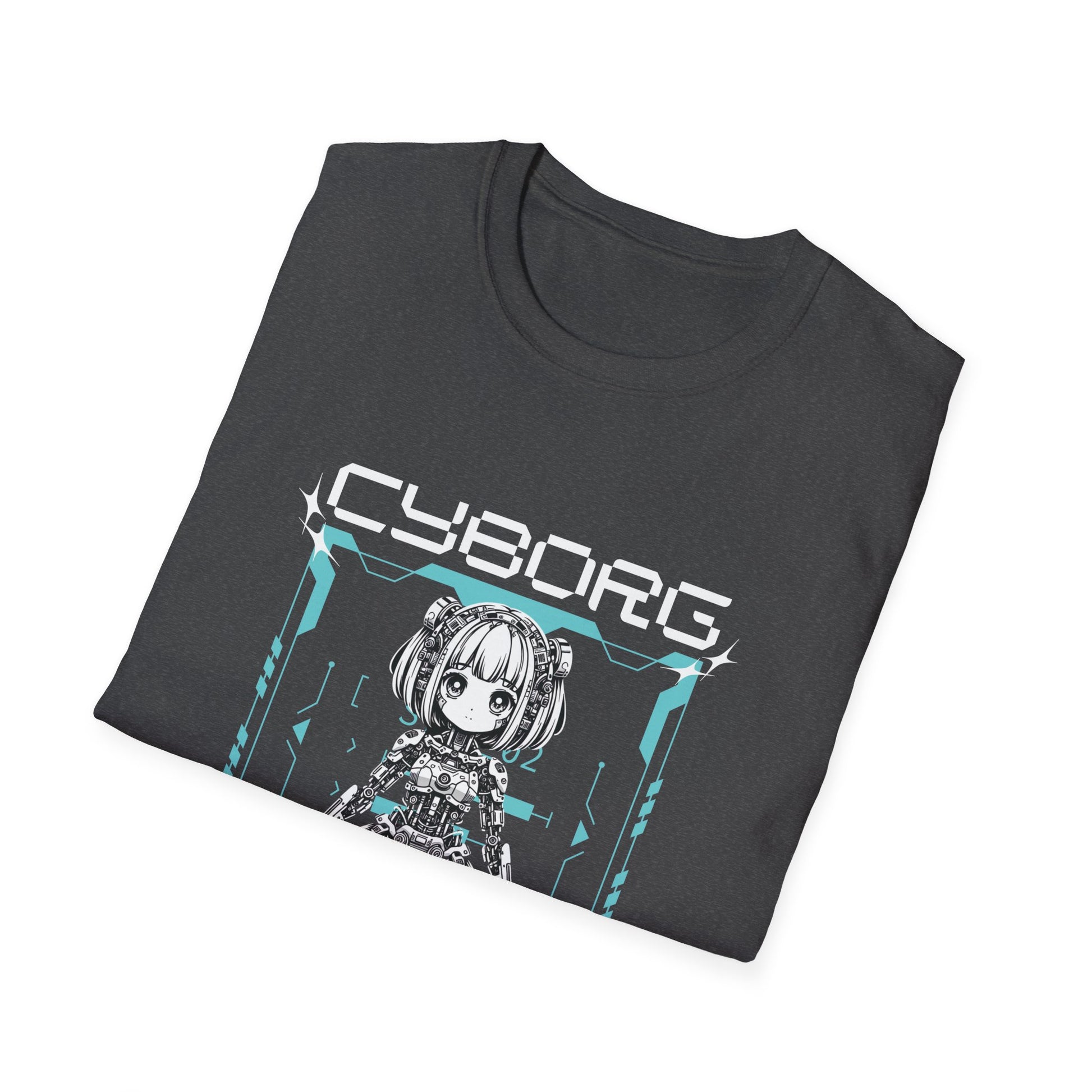 Folded grey t-shirt with 'cyborg' design on a white background