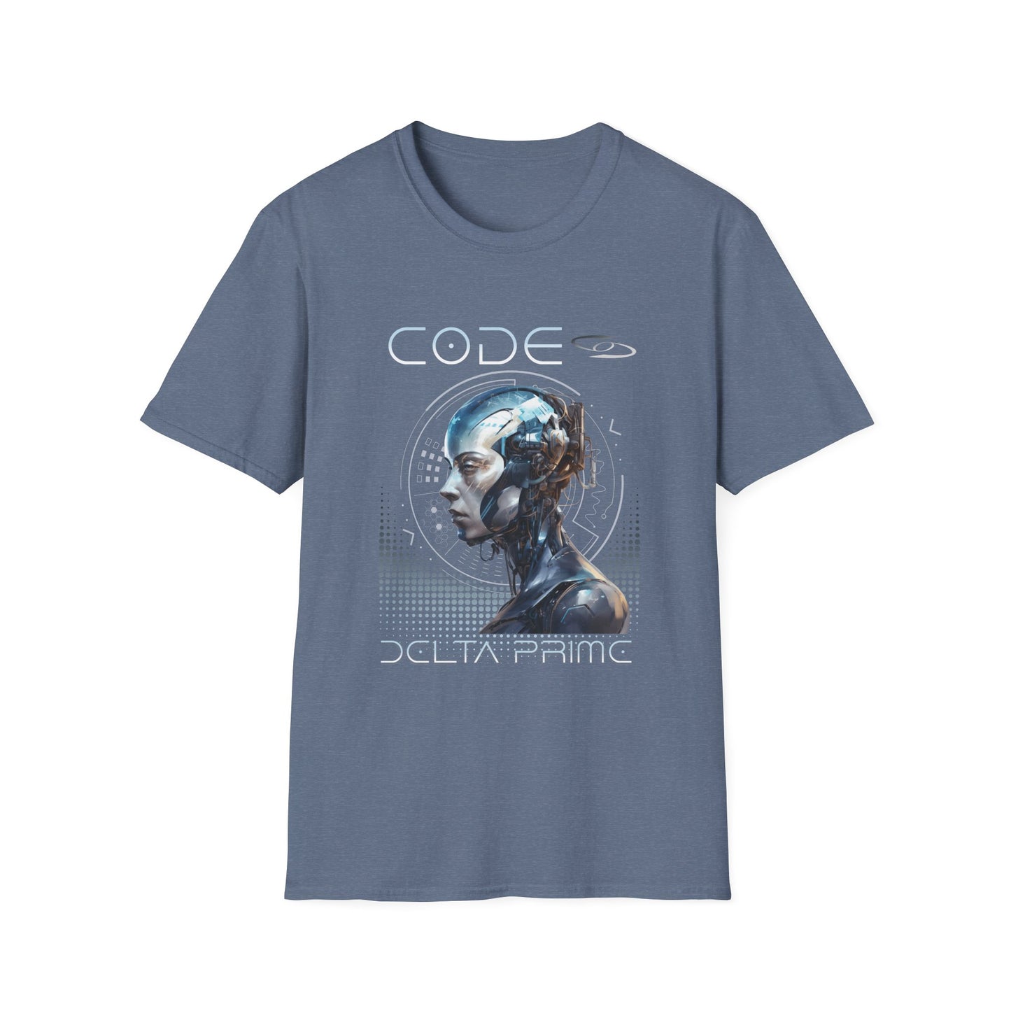 A heather indigo unisex t-shirt with 'CODE' and 'DELTA PRIME' text with a cyborg woman graphic design. 