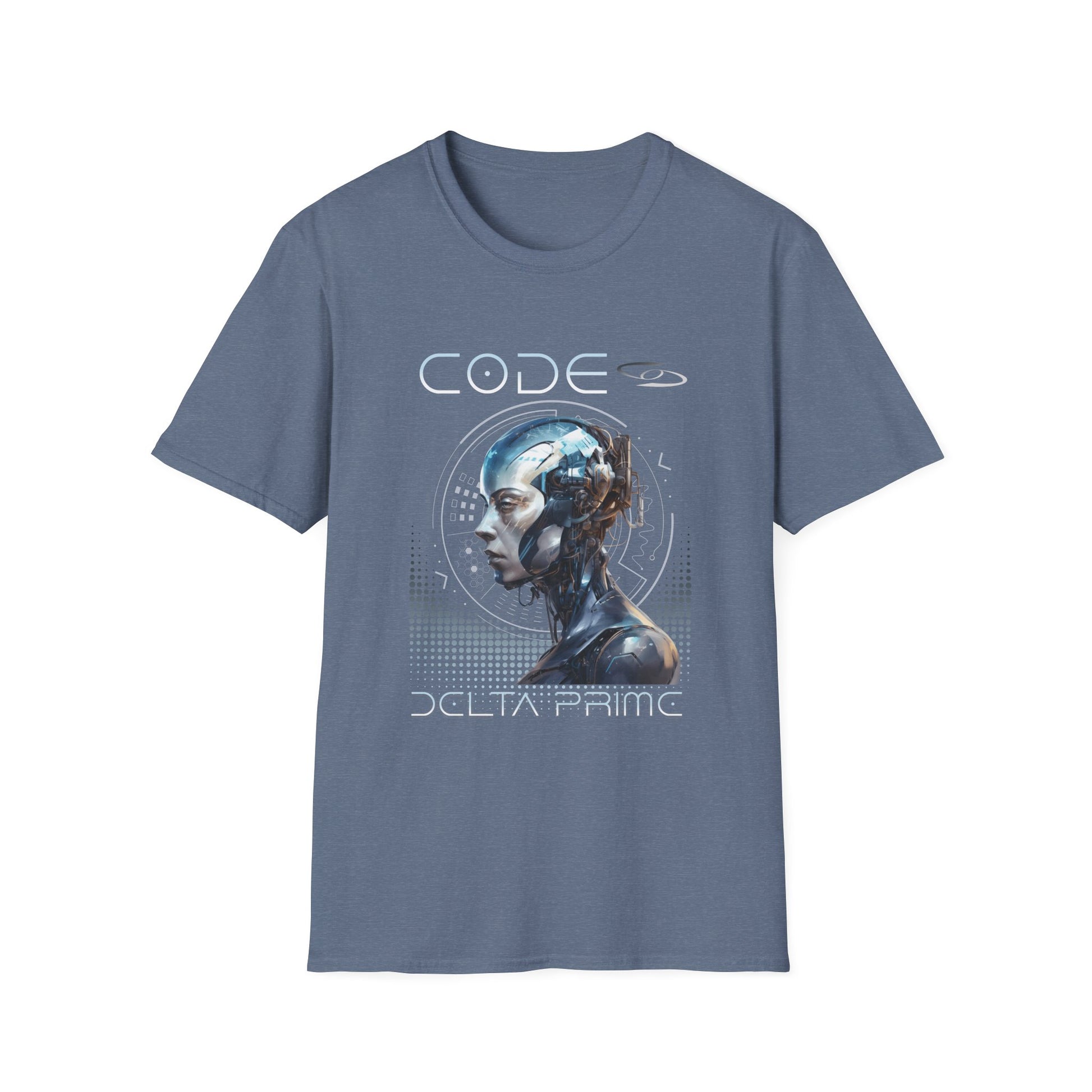 A heather indigo unisex t-shirt with 'CODE' and 'DELTA PRIME' text with a cyborg woman graphic design. 