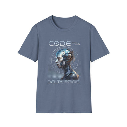 A heather indigo unisex t-shirt with 'CODE' and 'DELTA PRIME' text with a cyborg woman graphic design. 