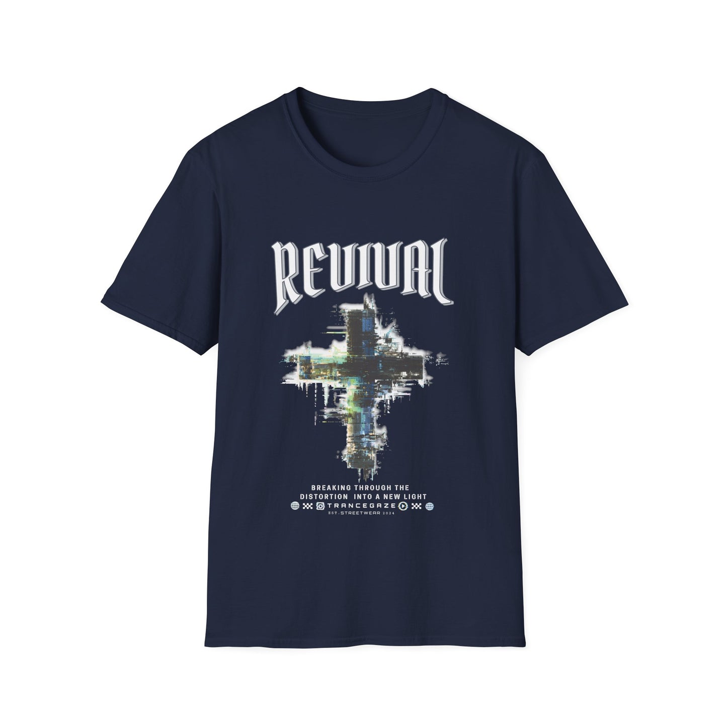 A navy blue Christian streetwear T-shirt for men featuring a distressed Revival cross graphic with urban glitch art.