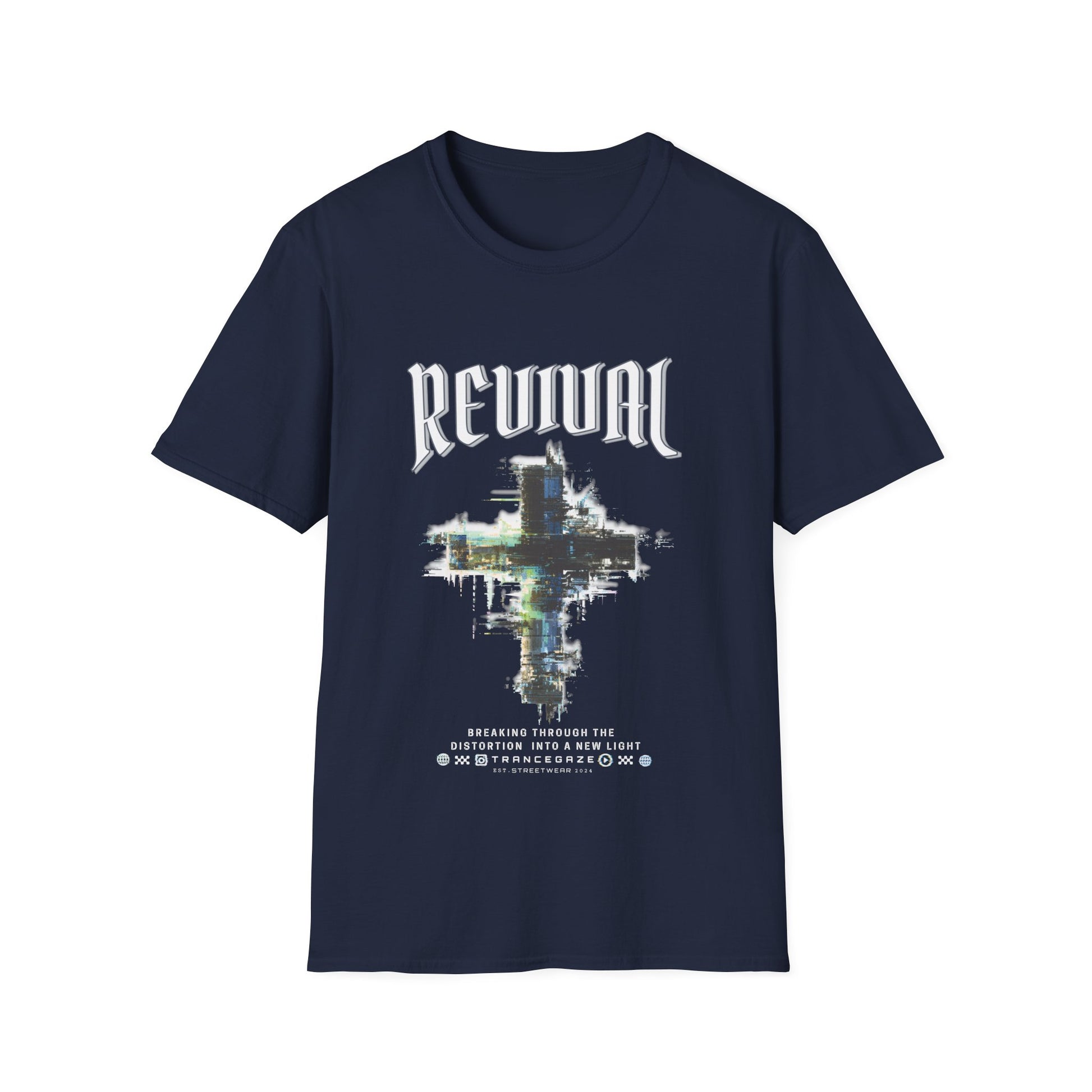 A navy blue Christian streetwear T-shirt for men featuring a distressed Revival cross graphic with urban glitch art.