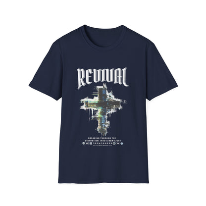 A navy blue Christian streetwear T-shirt for men featuring a distressed Revival cross graphic with urban glitch art.