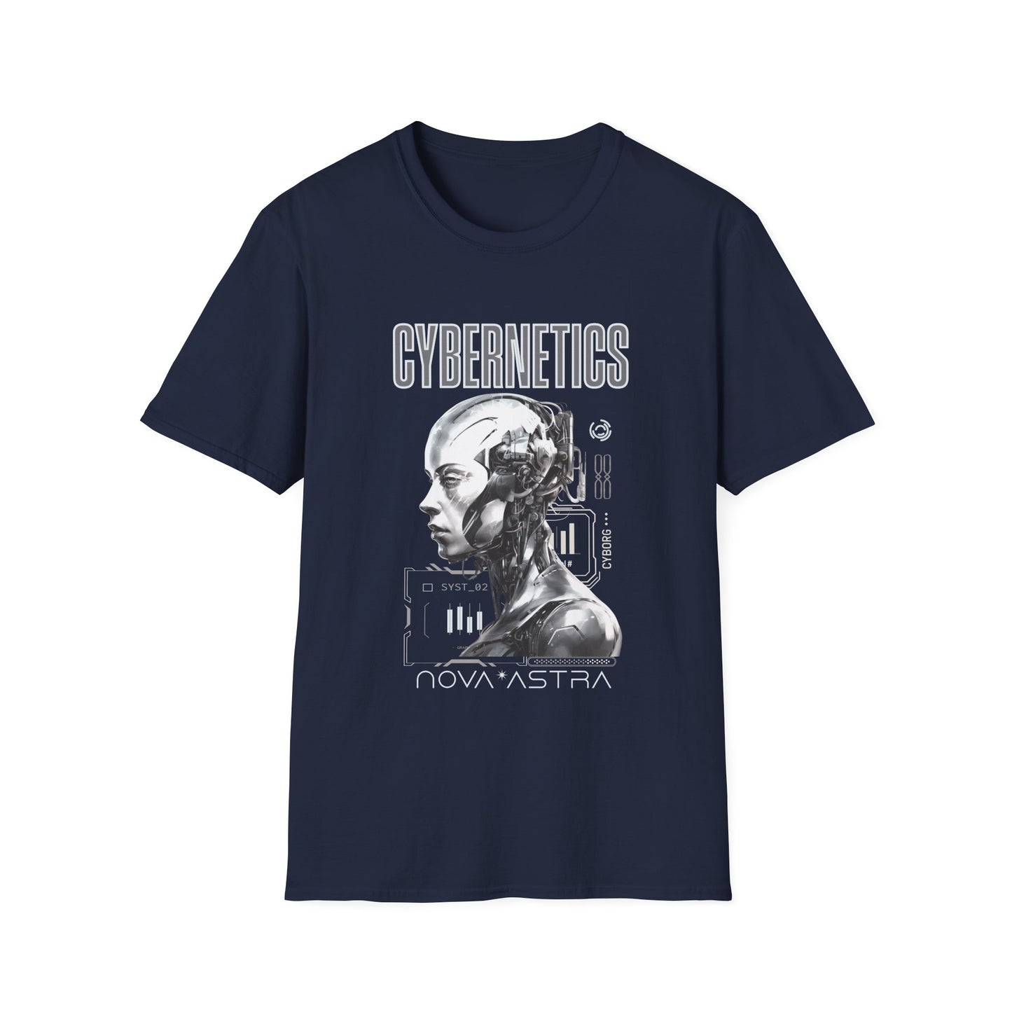 Navy blue t-shirt with cybernetics graphic design on a white background