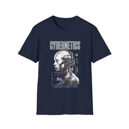 Navy blue t-shirt with cybernetics graphic design on a white background