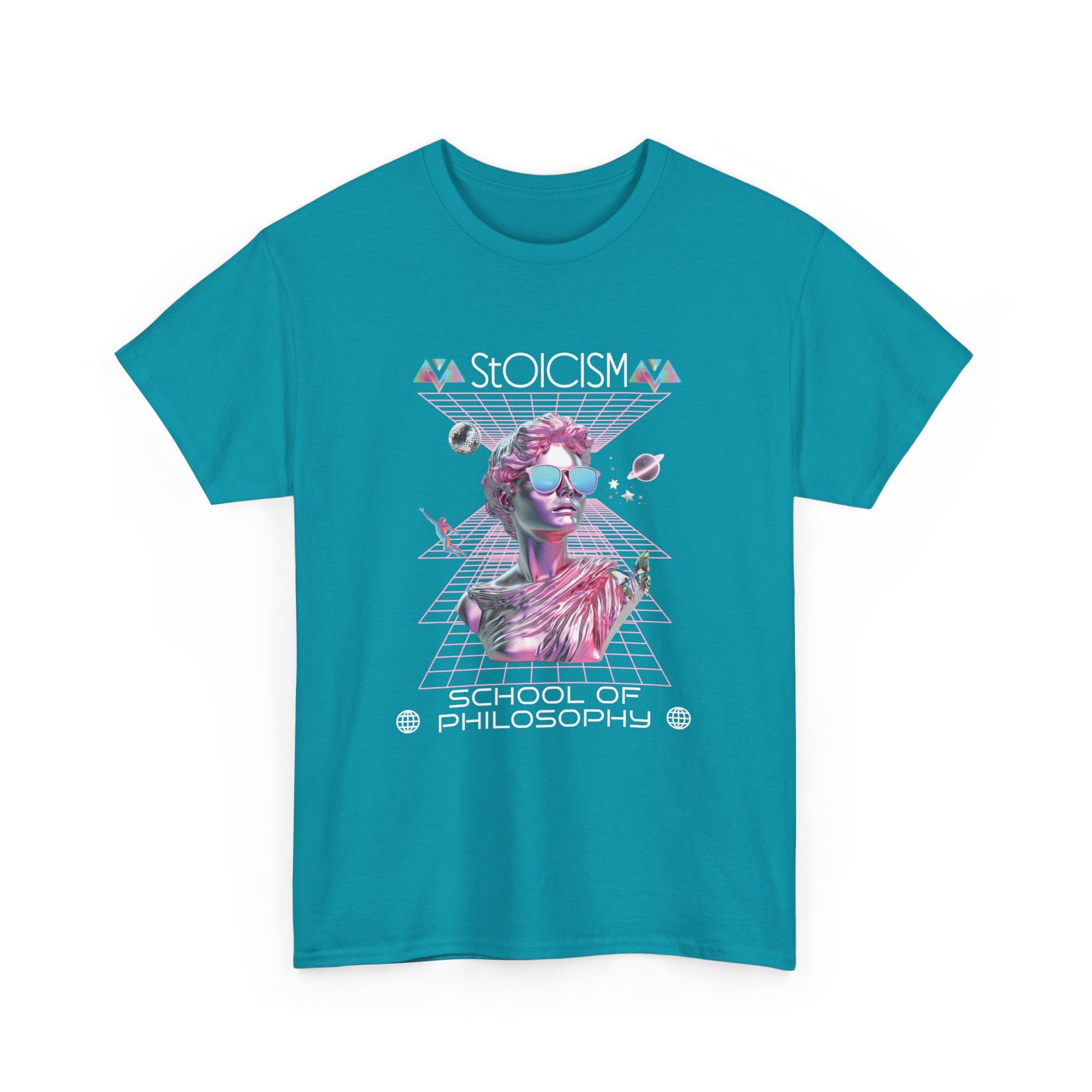 A tropical blue t-shirt with a graphic design featuring a pink metallic bust in a futuristic, celestial scene  with the text 'Stoicism School of Philosophy' .