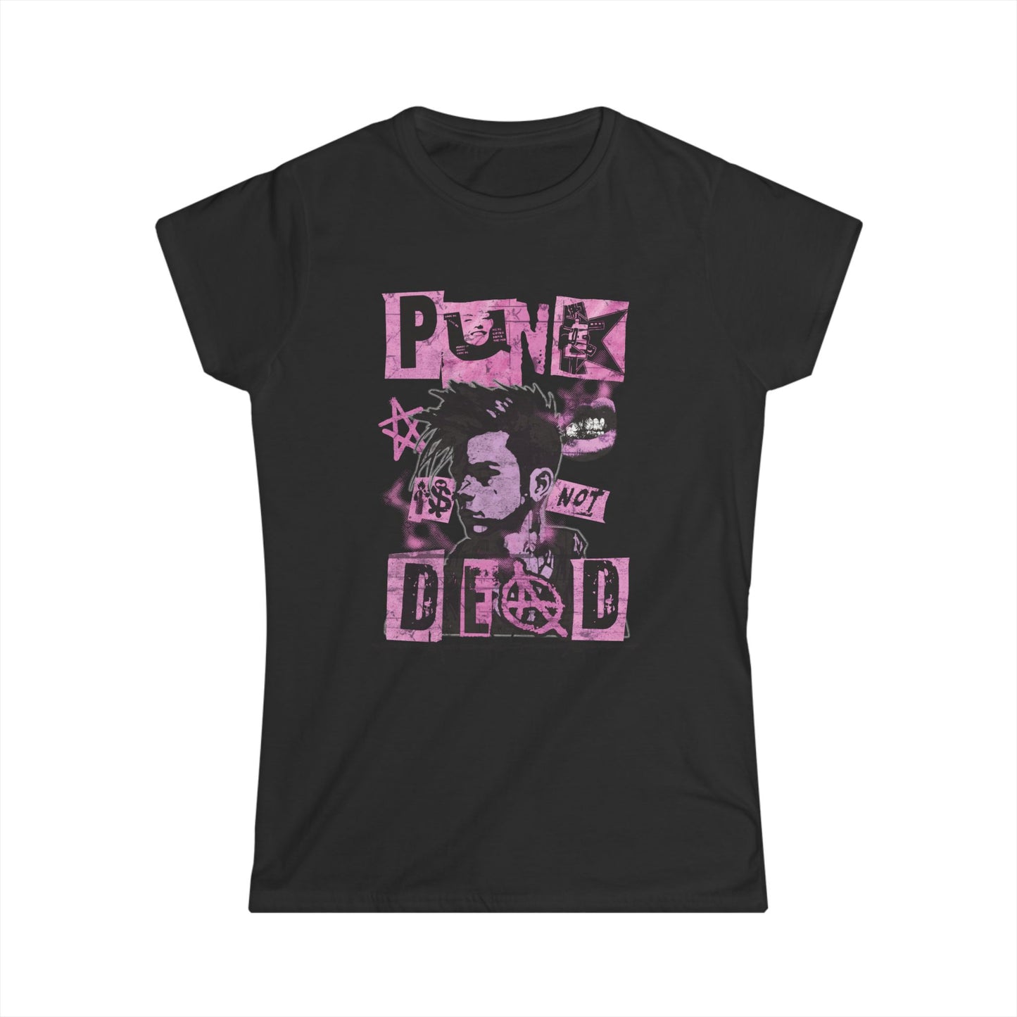 A black women's semi-fitted t-shirt featuring a pink and black punk-inspired collage graphic. The design includes a distressed portrait, the phrase 'PUNK IS NOT DEAD' in torn block lettering, and symbols like an anarchy sign and jagged stars, resembling a street poster.
