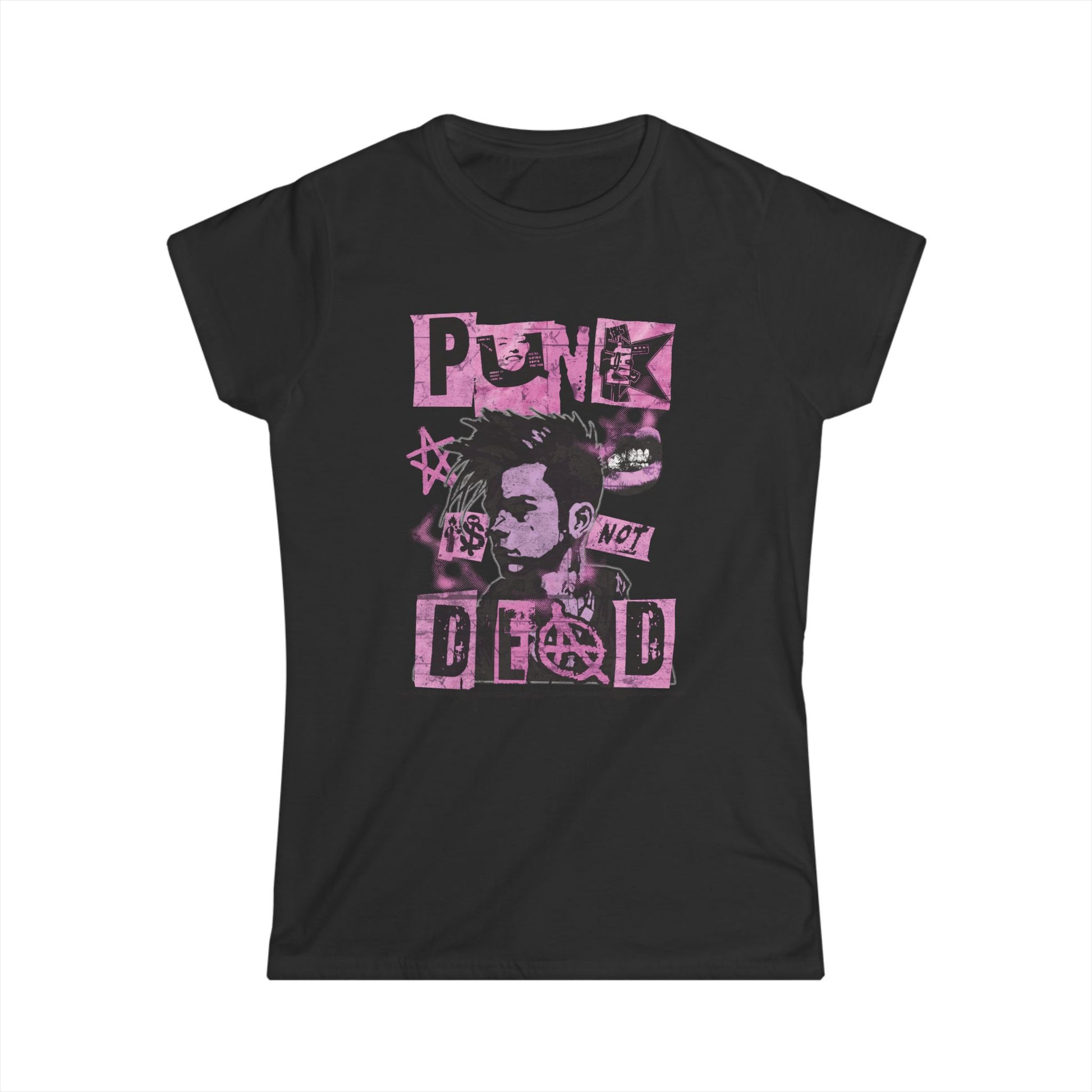A black women's semi-fitted t-shirt featuring a pink and black punk-inspired collage graphic. The design includes a distressed portrait, the phrase 'PUNK IS NOT DEAD' in torn block lettering, and symbols like an anarchy sign and jagged stars, resembling a street poster.