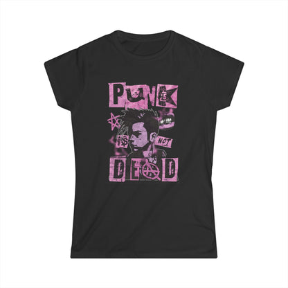 A black women's semi-fitted t-shirt featuring a pink and black punk-inspired collage graphic. The design includes a distressed portrait, the phrase 'PUNK IS NOT DEAD' in torn block lettering, and symbols like an anarchy sign and jagged stars, resembling a street poster.
