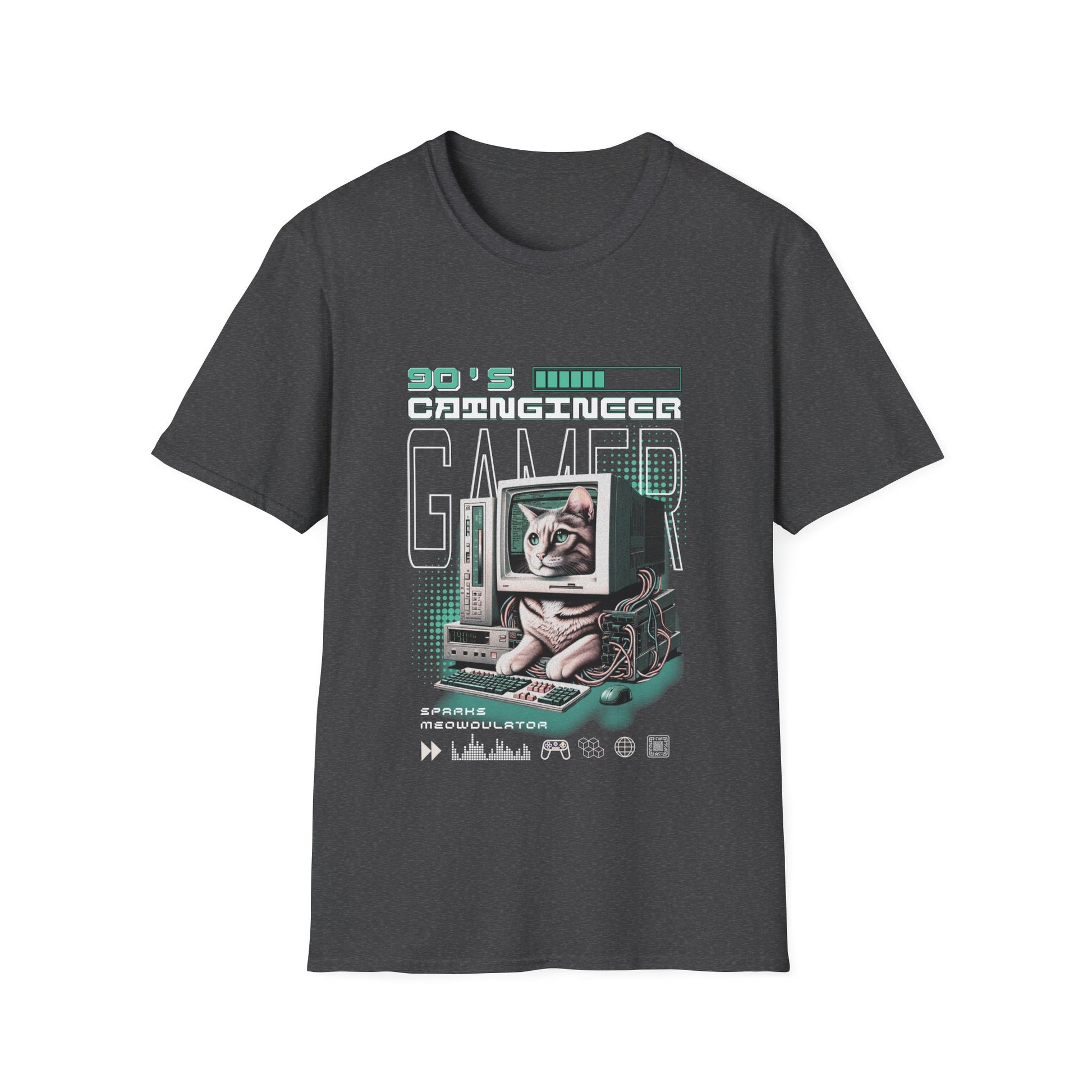 Dark heather gray t-shirt with a graphic of a cat with a computer '90's Gamer ' text.