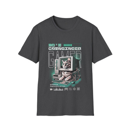 Dark heather gray t-shirt with a graphic of a cat with a computer '90's Gamer ' text.