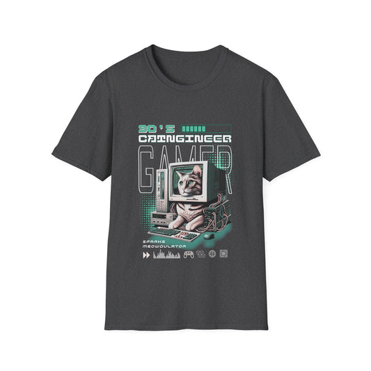 Dark heather gray t-shirt with a graphic of a cat with a computer '90's Gamer ' text.