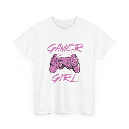 White t-shirt with 'Gamer Girl' design featuring a gaming controller on a white background.