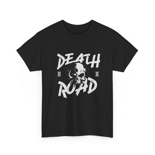 A black streetwear biker t-shirt with a skull design and text that reads 'Death Road'.