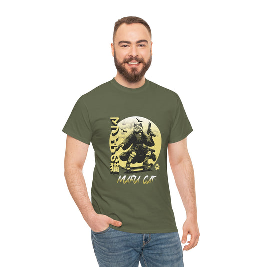 Man wearing a green t-shirt with a graphic design on a white background