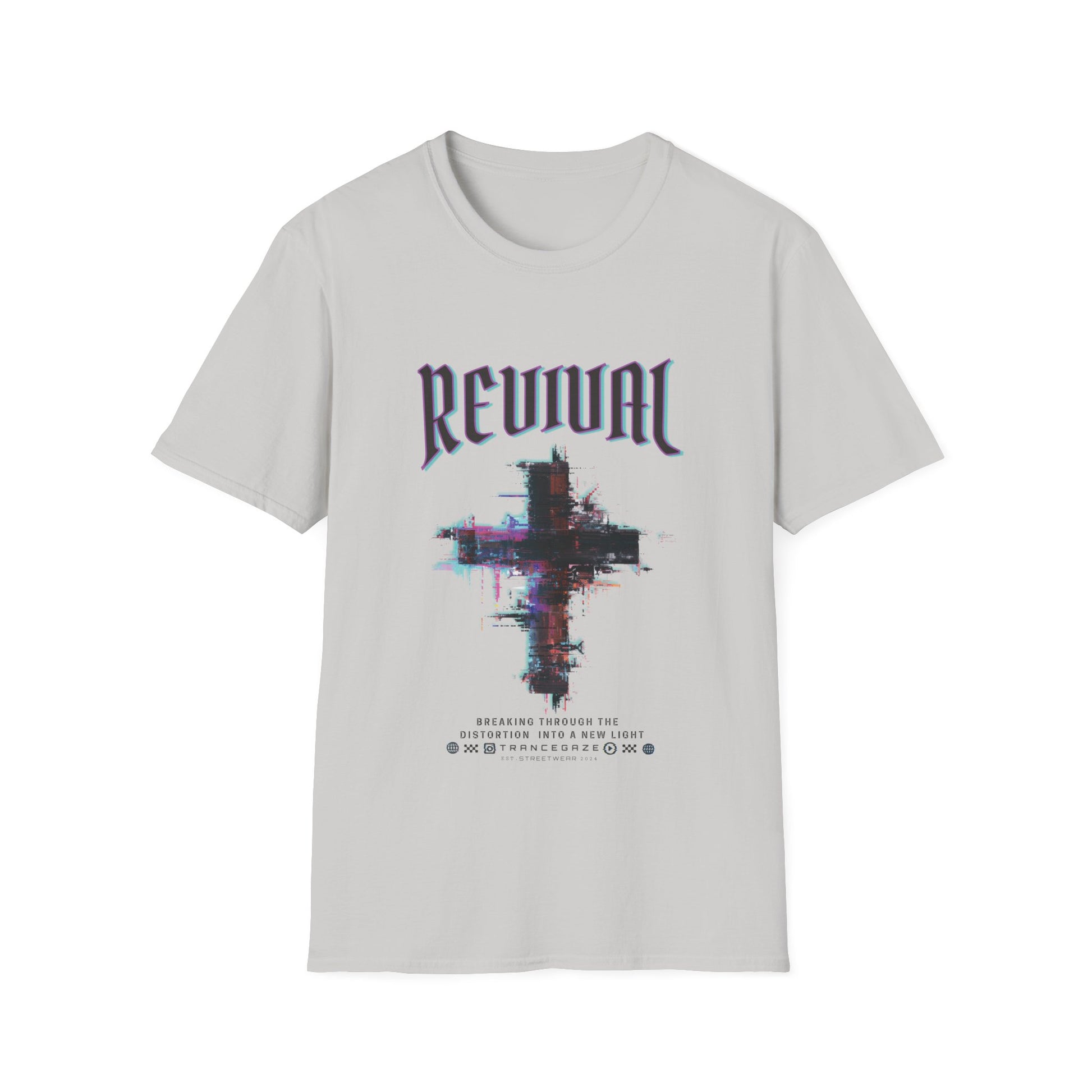 An ice grey Christian streetwear T-shirt for men featuring a distressed Revival cross graphic with urban glitch art.