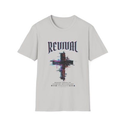 An ice grey Christian streetwear T-shirt for men featuring a distressed Revival cross graphic with urban glitch art.