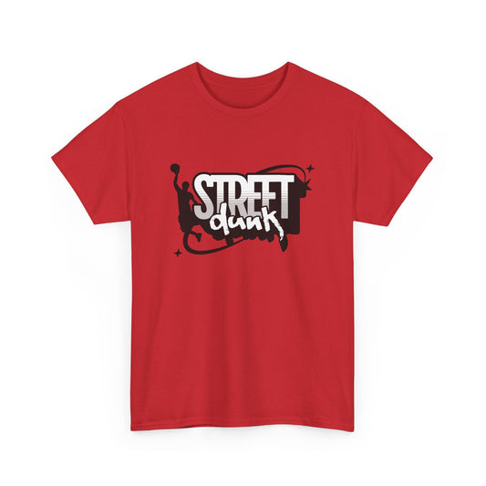 A red crew neck t-shirt with 'Street Dunk' text in black on the front and basketball player graphic.