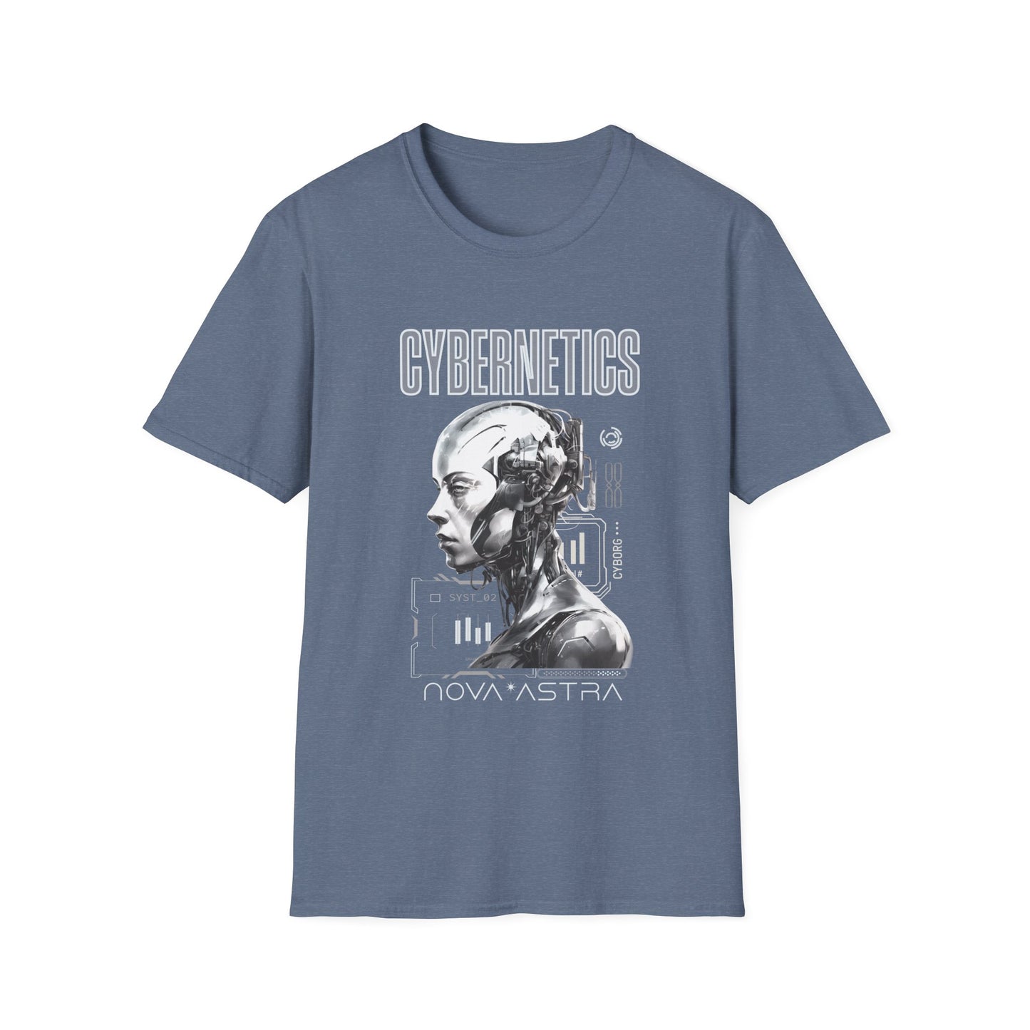 Blue t-shirt with a robot graphic and 'Cybernetics' text on a white background