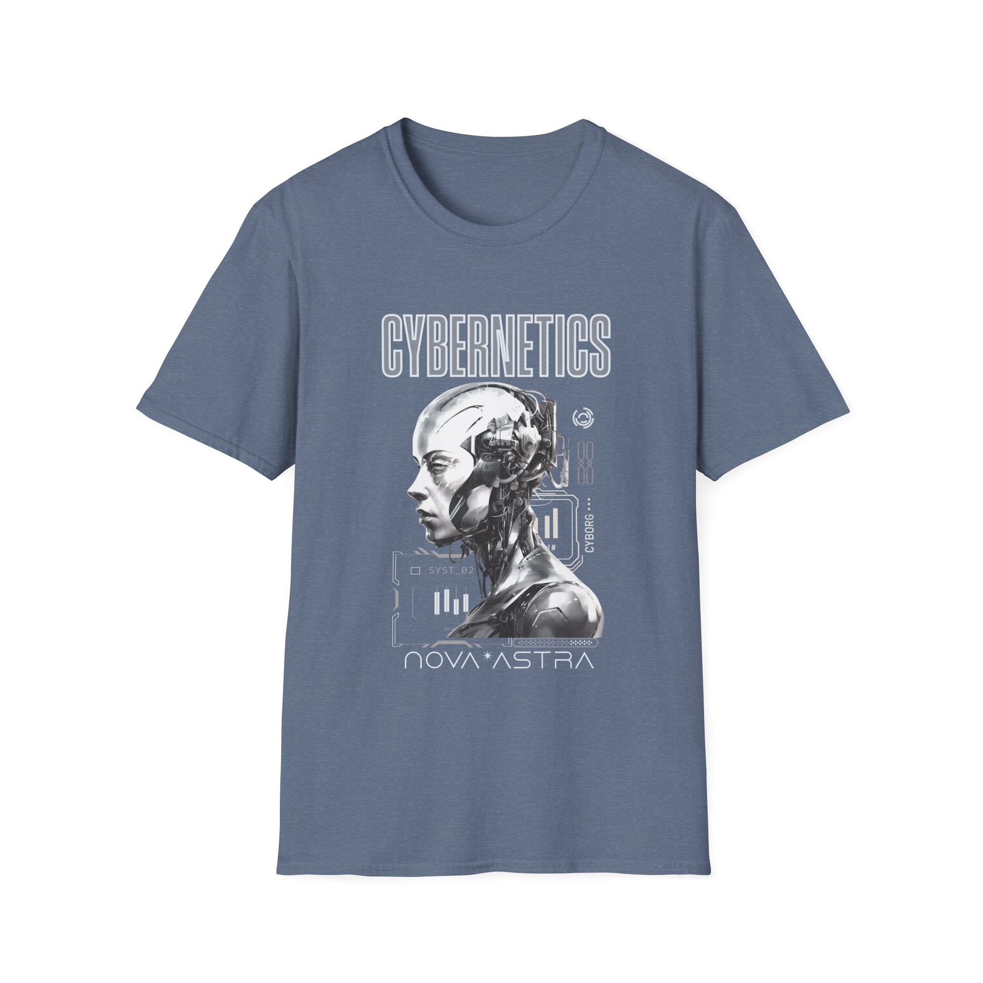 Blue t-shirt with a robot graphic and 'Cybernetics' text on a white background
