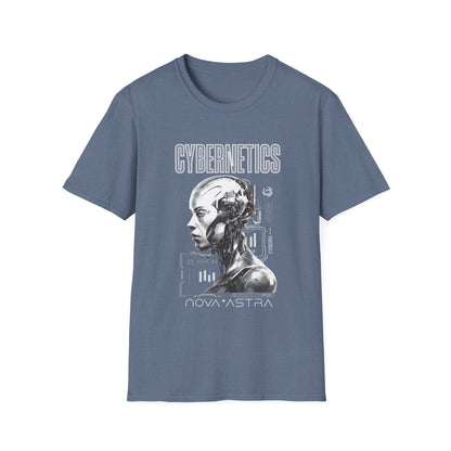 Blue t-shirt with a robot graphic and 'Cybernetics' text on a white background