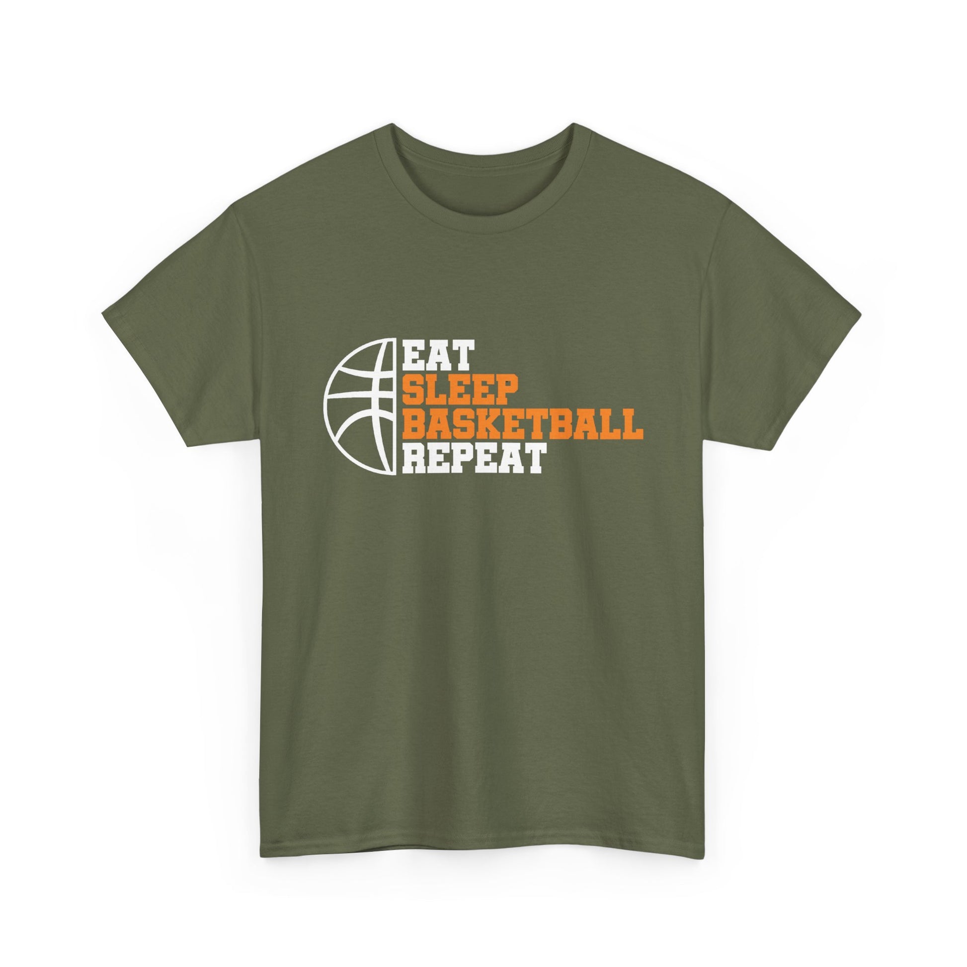 Military Green t-shirt with 'Eat Sleep Basketball Repeat' text and basketball graphic on a white background