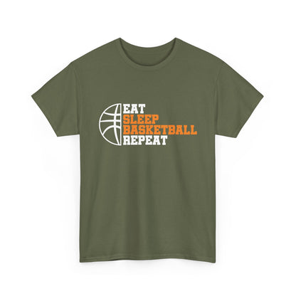 Military Green t-shirt with 'Eat Sleep Basketball Repeat' text and basketball graphic on a white background