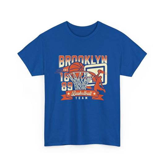 A royal blue t-shirt with a graphic print of a basketball and the text 'Brooklyn Basketball Team'.