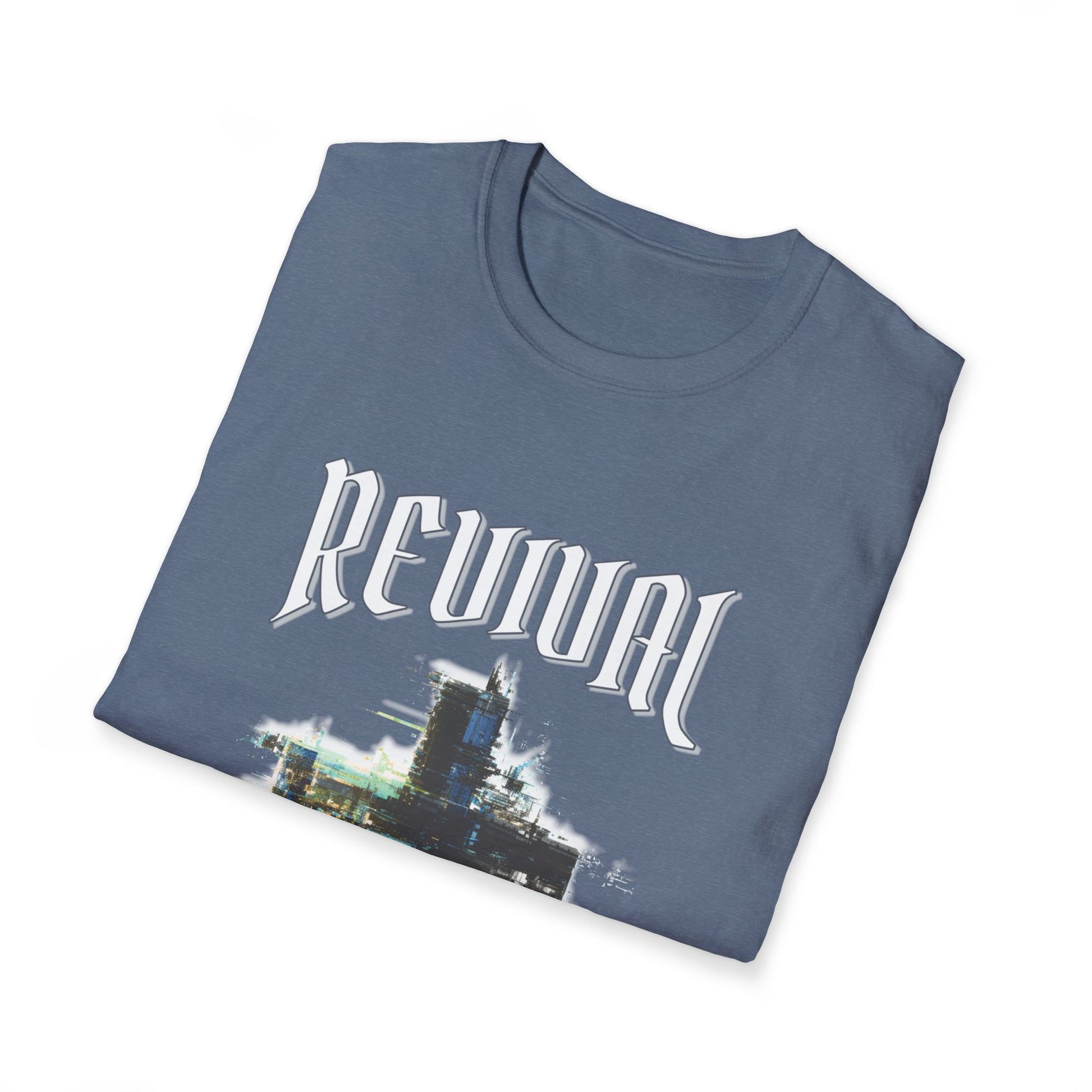 Folded blue t-shirt with 'Revival' text and graphic on a white background