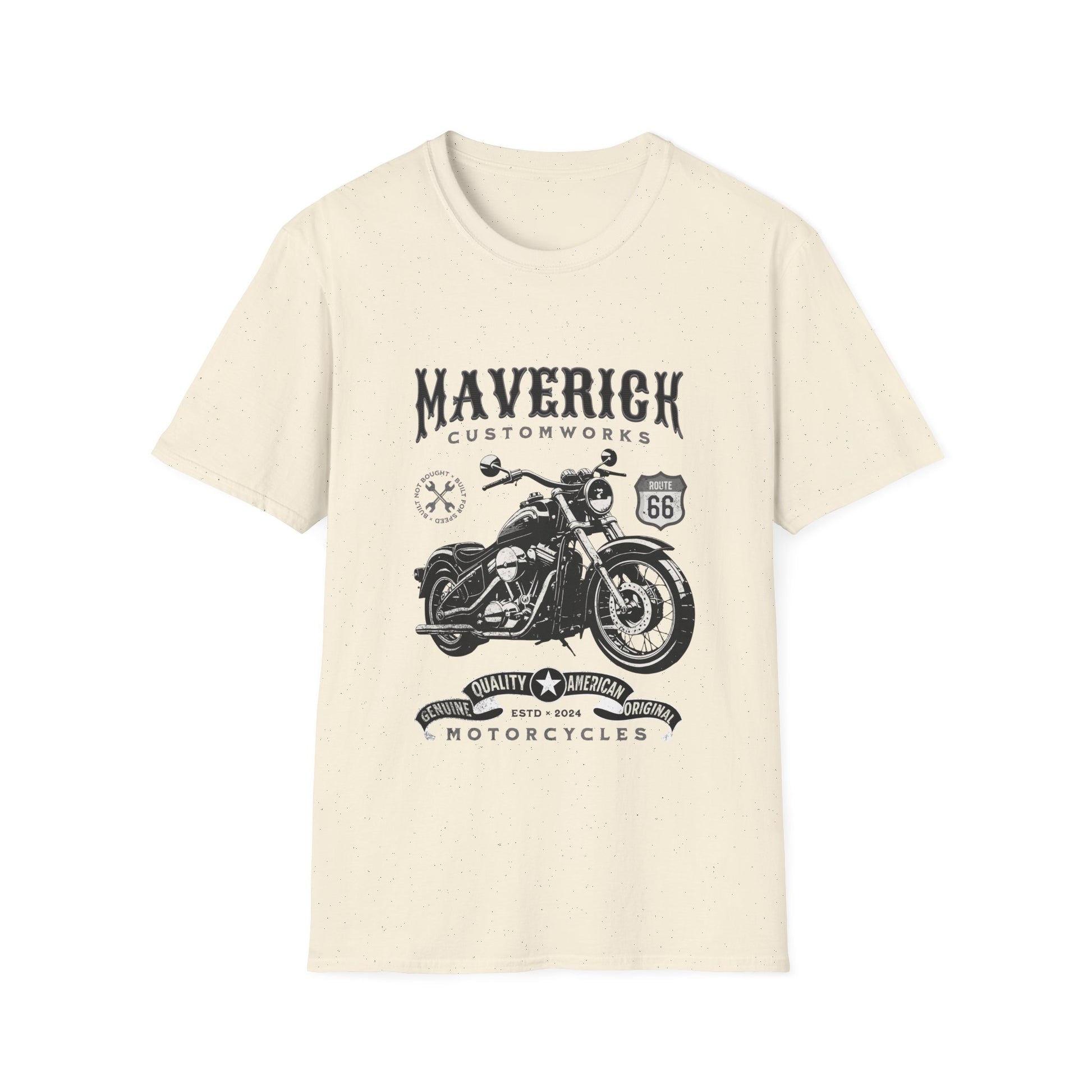 Beige t-shirt with black motorcycle graphic and text on a white background