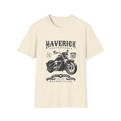 Beige t-shirt with black motorcycle graphic and text on a white background