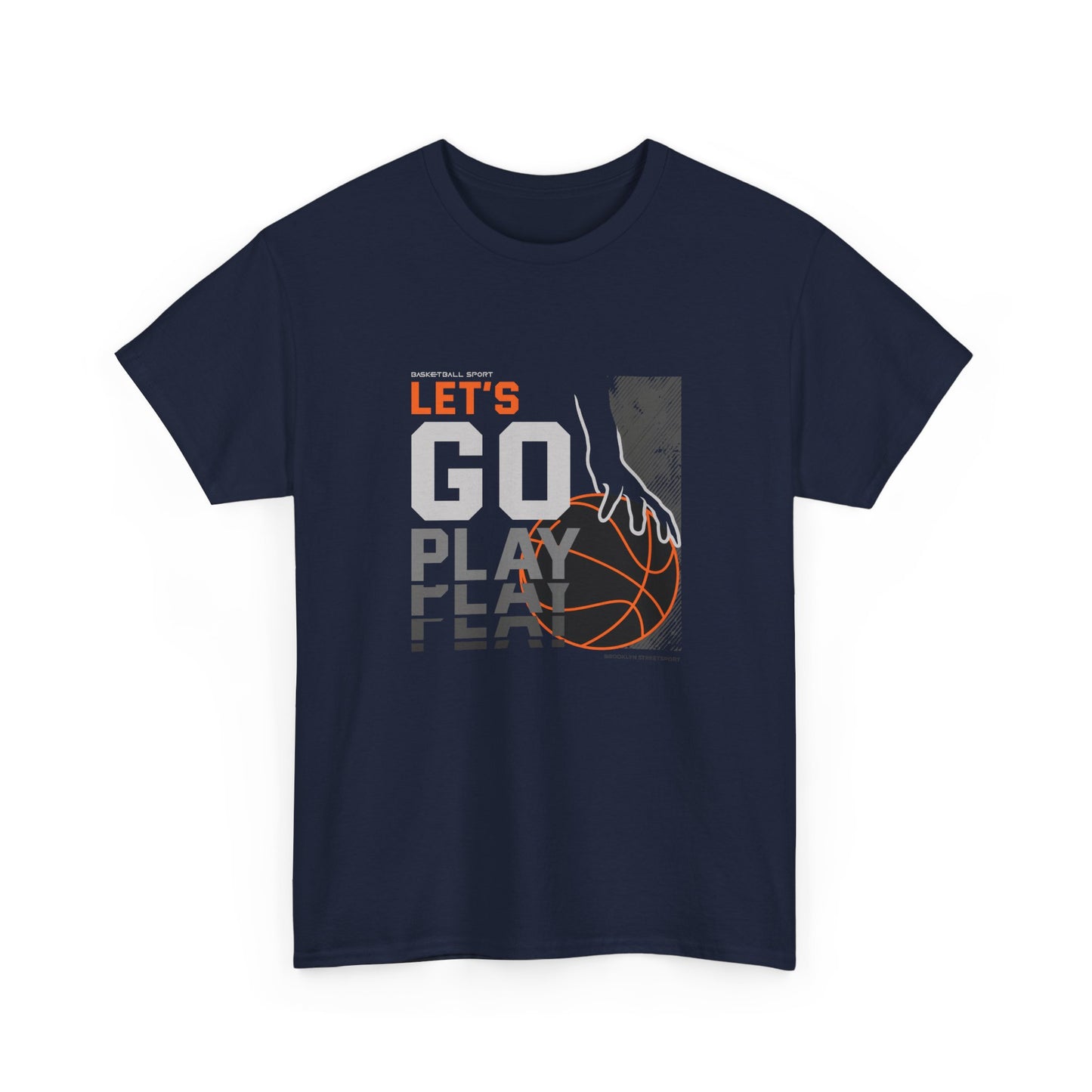 A navy blue streetwear graphic tee with a modern sports design. The graphic shows a stylized basketball player's hand reaching for an orange basketball next to the words 'LET'S GO PLAY' in white and grey block lettering.