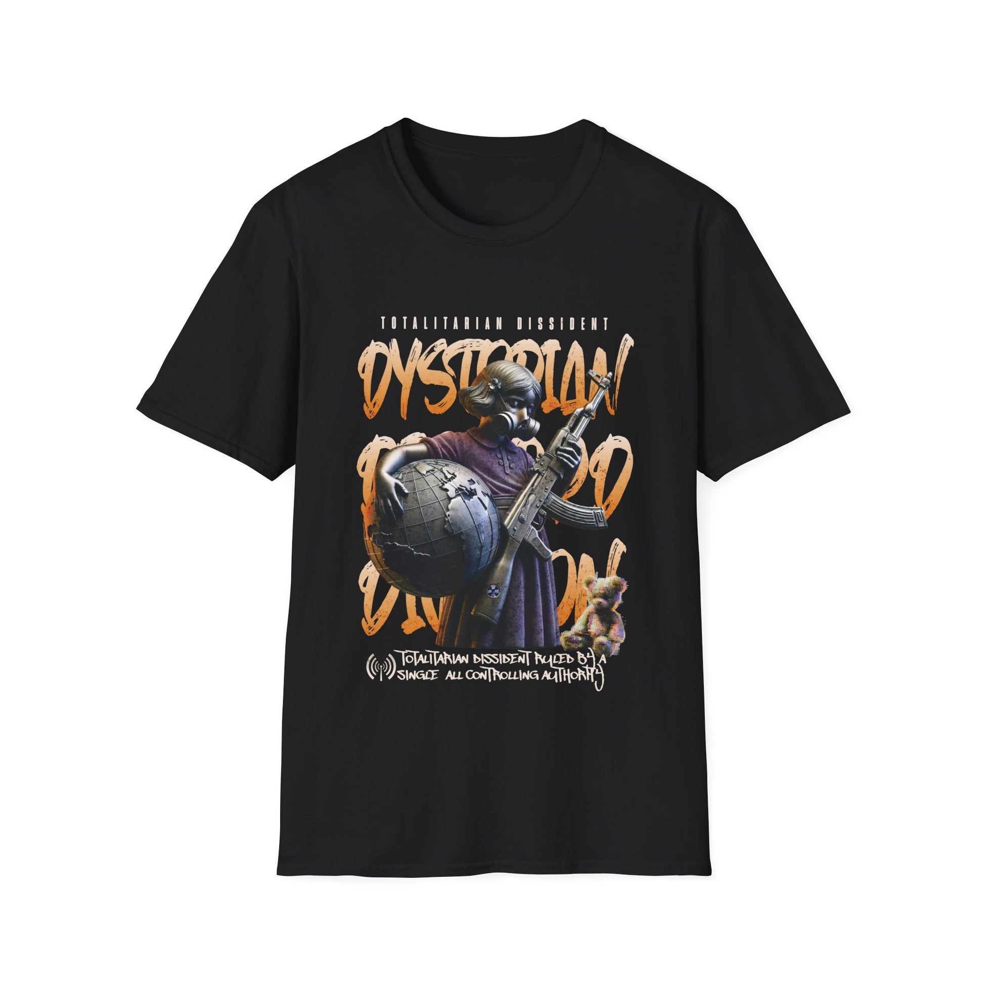 A black dystopian streetwear tee showing a tactical gas-masked figure against a fractured world map with "Dystopian" and "Totalitarian Dissident" typography in a gritty, industrial aesthetic.