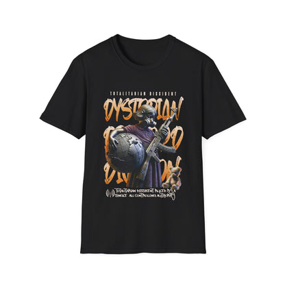 A black dystopian streetwear tee showing a tactical gas-masked figure against a fractured world map with "Dystopian" and "Totalitarian Dissident" typography in a gritty, industrial aesthetic.