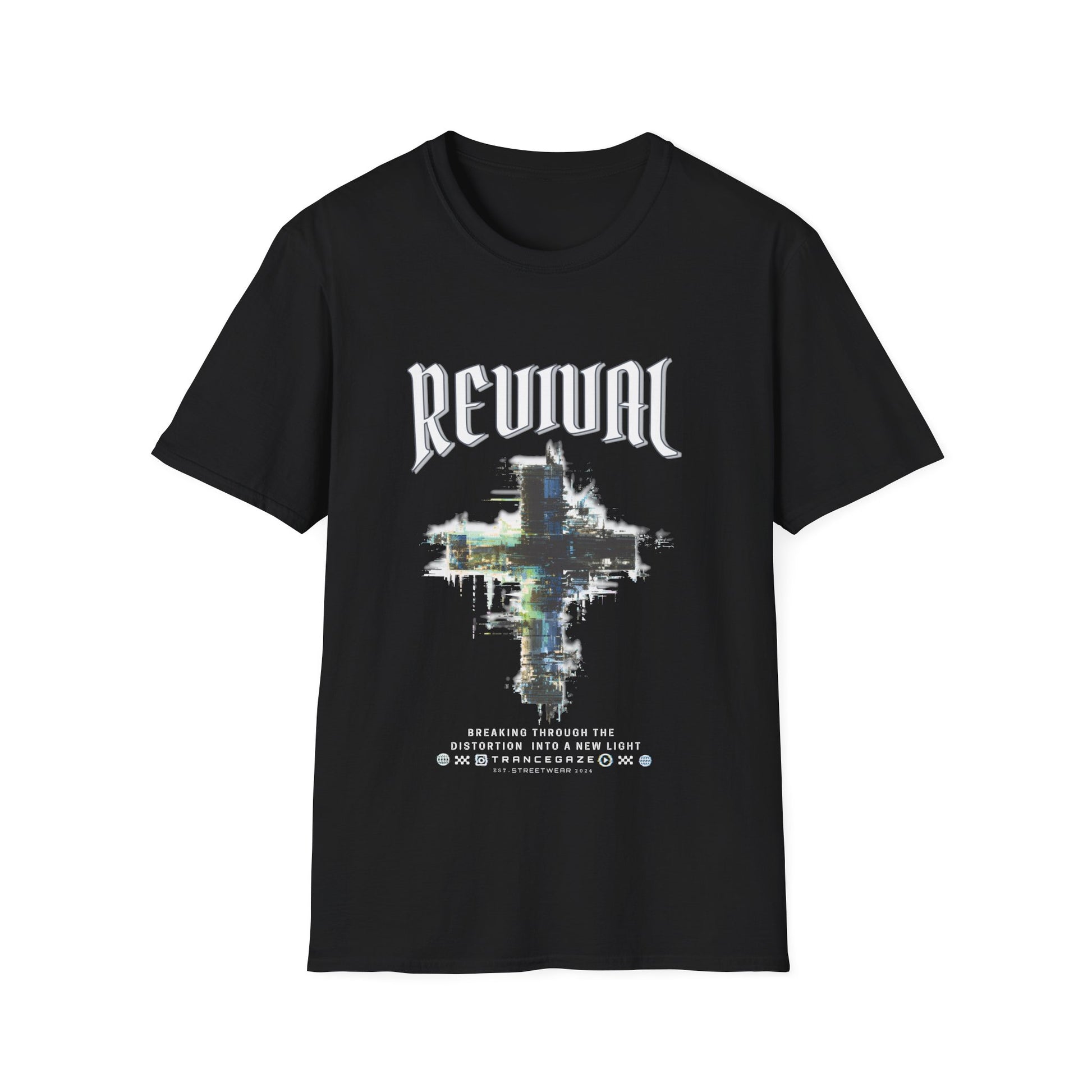 A black Christian streetwear T-shirt for men featuring a distressed Revival cross graphic with urban glitch art.