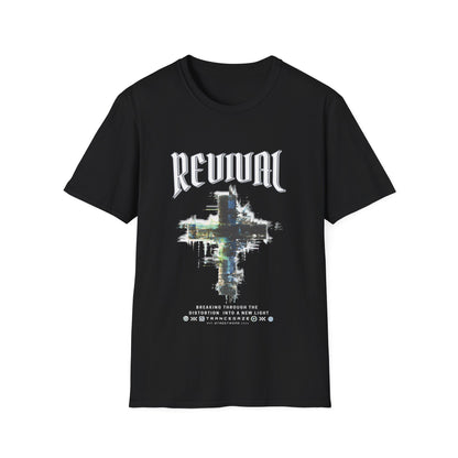A black Christian streetwear T-shirt for men featuring a distressed Revival cross graphic with urban glitch art.